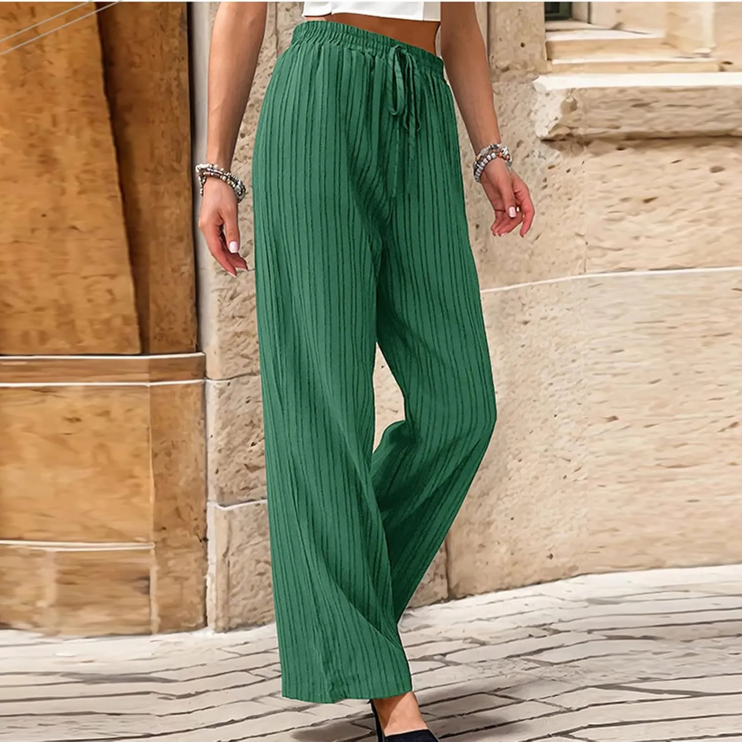 Womens Striped Drawstring Elastic Waist Trousers Casual Soft Wide Leg Pants Loose Straight Leg Pants with Pockets