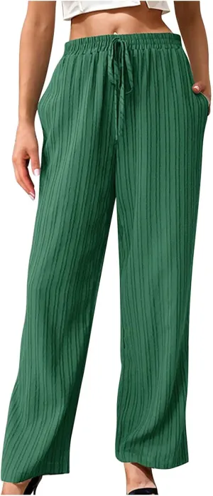 Womens Striped Drawstring Elastic Waist Trousers Casual Soft Wide Leg Pants Loose Straight Leg Pants with Pockets