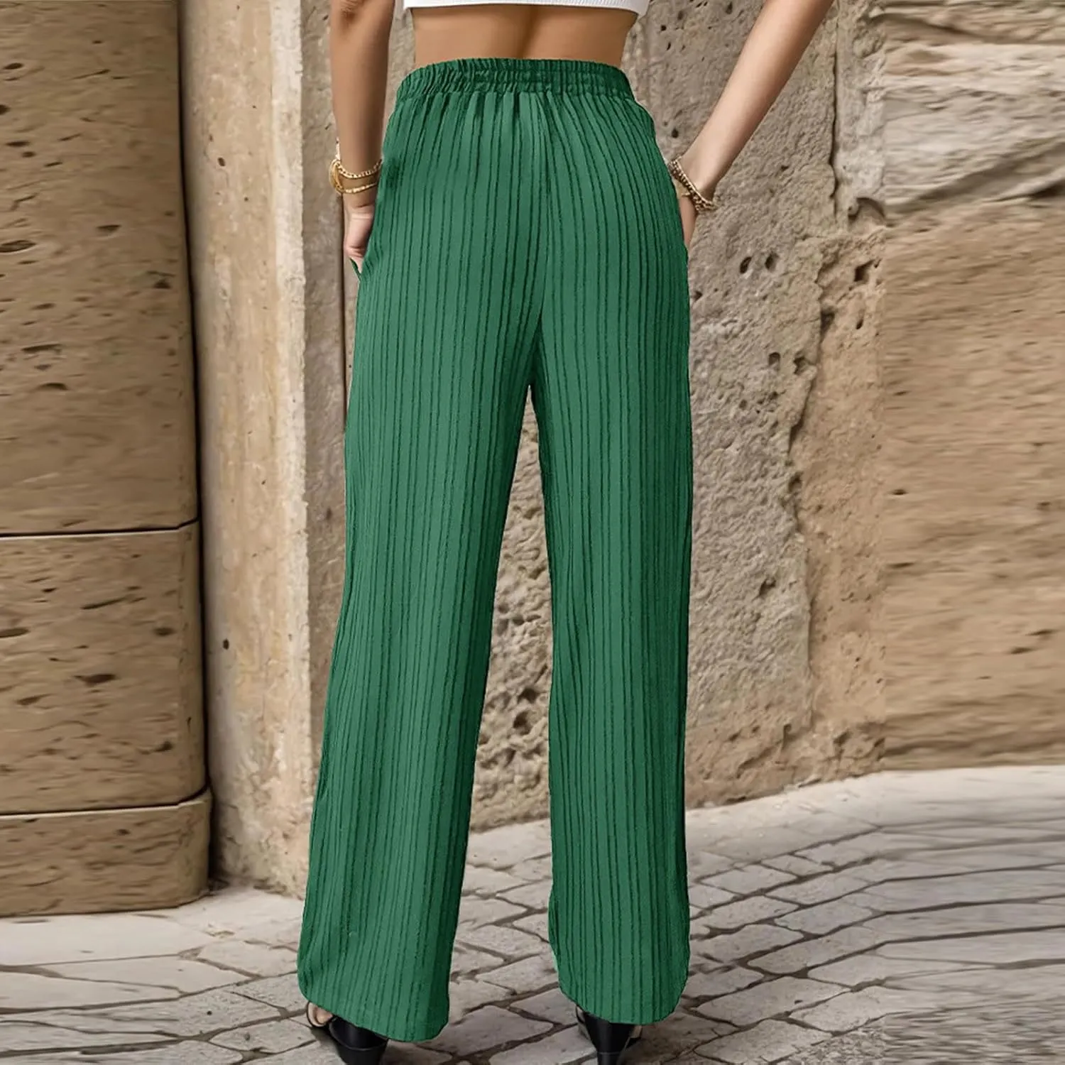 Womens Striped Drawstring Elastic Waist Trousers Casual Soft Wide Leg Pants Loose Straight Leg Pants with Pockets