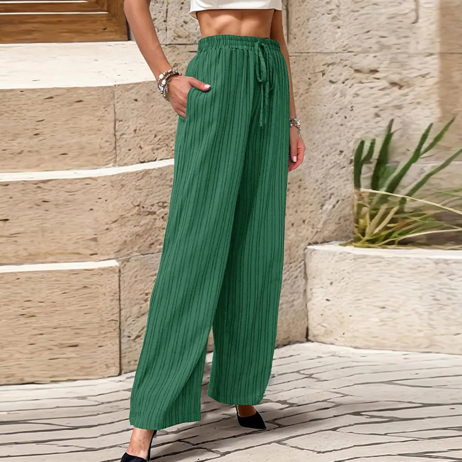Womens Striped Drawstring Elastic Waist Trousers Casual Soft Wide Leg Pants Loose Straight Leg Pants with Pockets