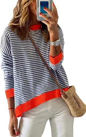 Women’s Striped Sweater Long Sleeve Crew Neck Ribbed Knit 2025 Fall Winter Pullover Sweater Tops