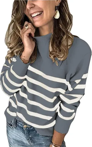 Women’s Striped Sweater Long Sleeve Crew Neck Ribbed Knit 2025 Fall Winter Pullover Sweater Tops