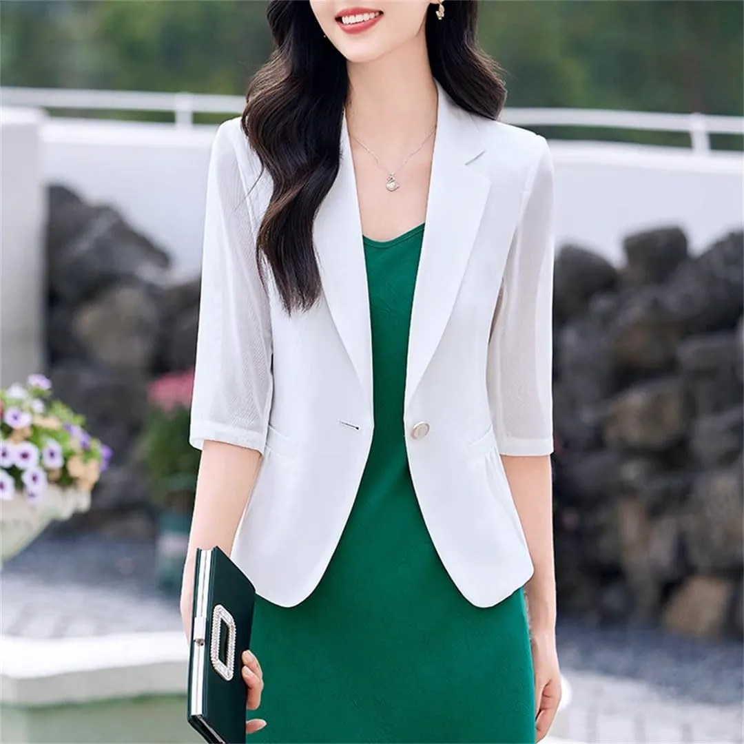 Women's Suit Jacket Summer Half Sleeve Office Ladies Casual Short Slim Blazer