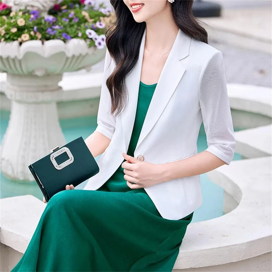 Women's Suit Jacket Summer Half Sleeve Office Ladies Casual Short Slim Blazer