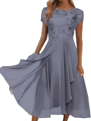 Women's Summer Chiffon Lace Dresses Short Sleeve Flowy Swing Maxi Dress Cocktail Party Wedding Guest Dresses