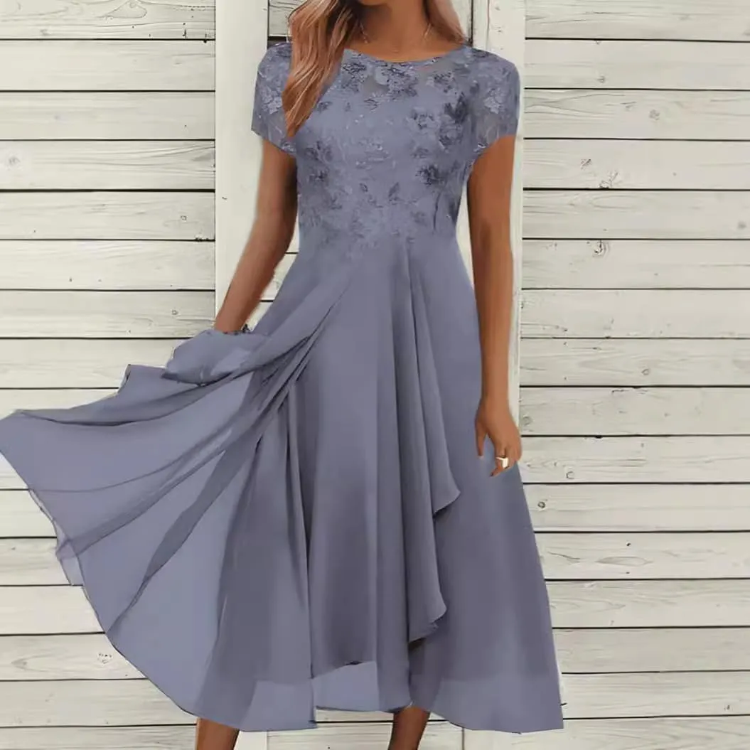 Women's Summer Chiffon Lace Dresses Short Sleeve Flowy Swing Maxi Dress Cocktail Party Wedding Guest Dresses