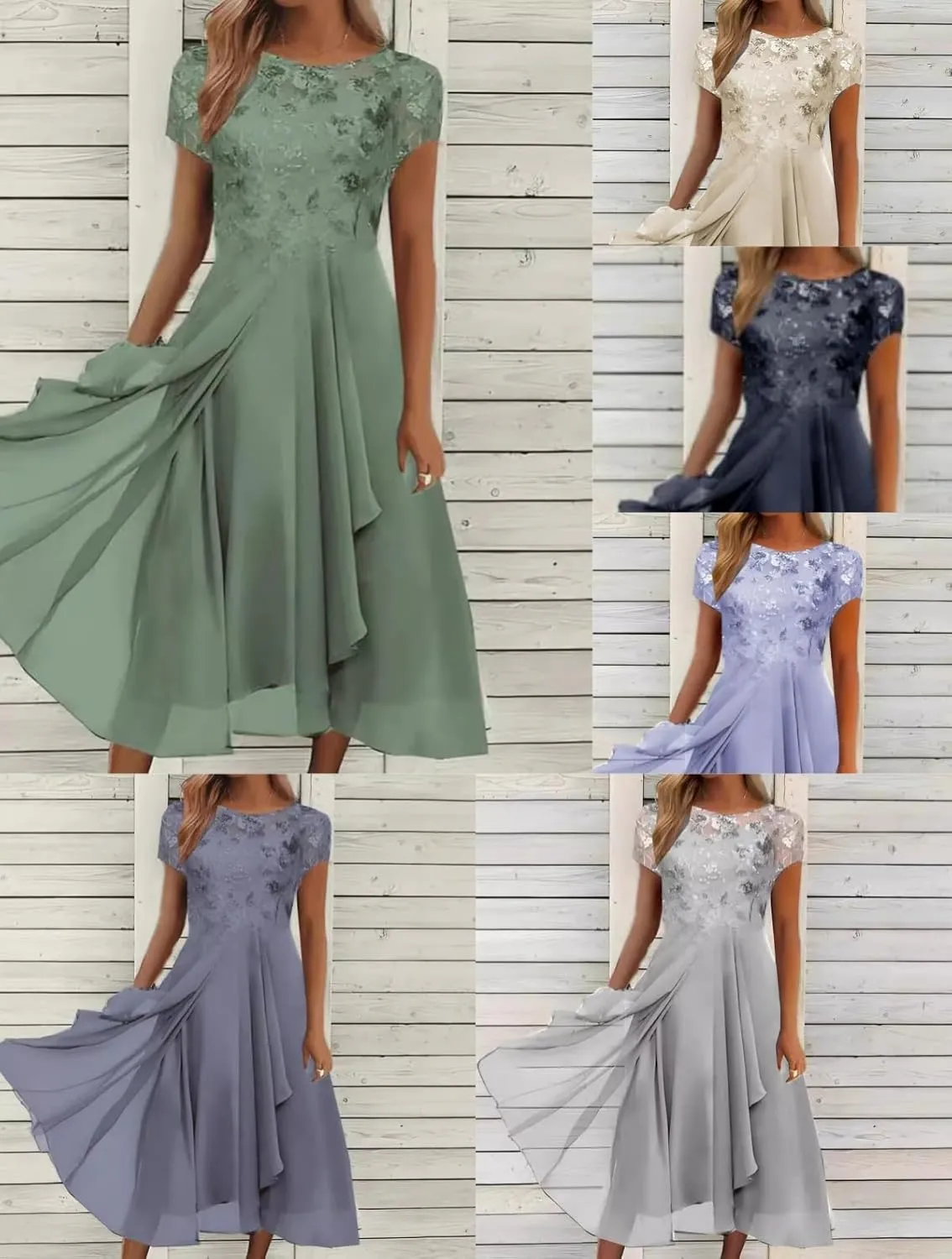 Women's Summer Chiffon Lace Dresses Short Sleeve Flowy Swing Maxi Dress Cocktail Party Wedding Guest Dresses