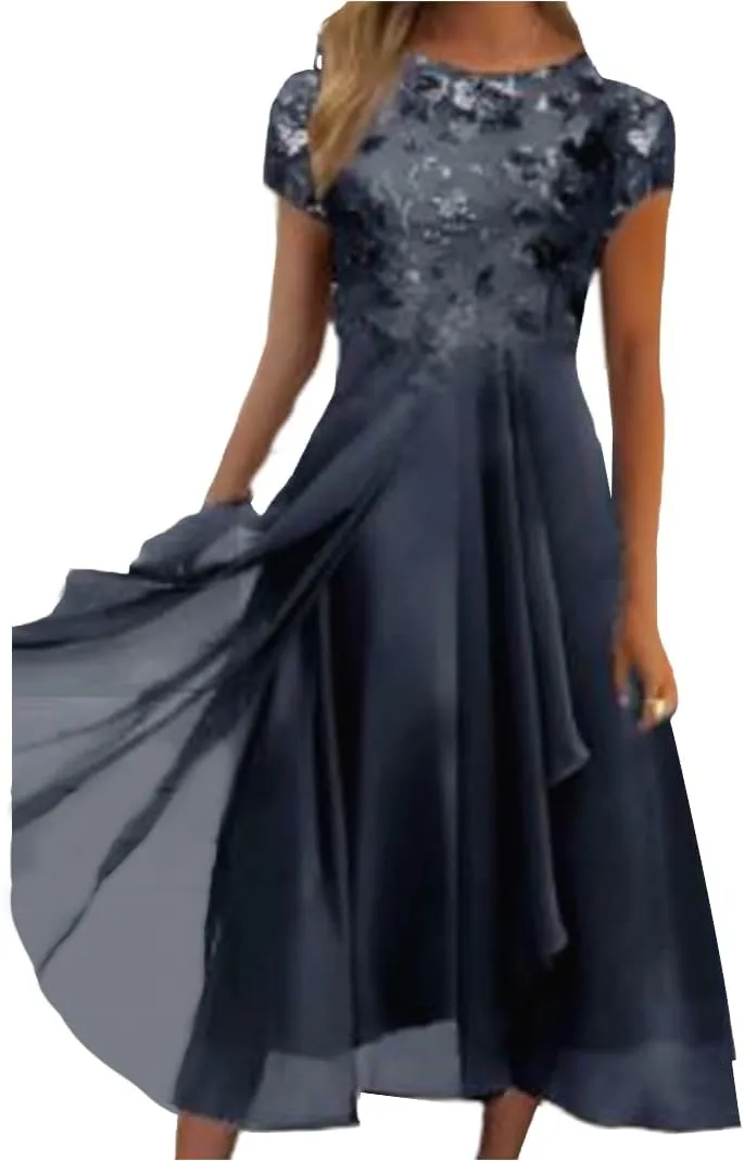 Women's Summer Chiffon Lace Dresses Short Sleeve Flowy Swing Maxi Dress Cocktail Party Wedding Guest Dresses