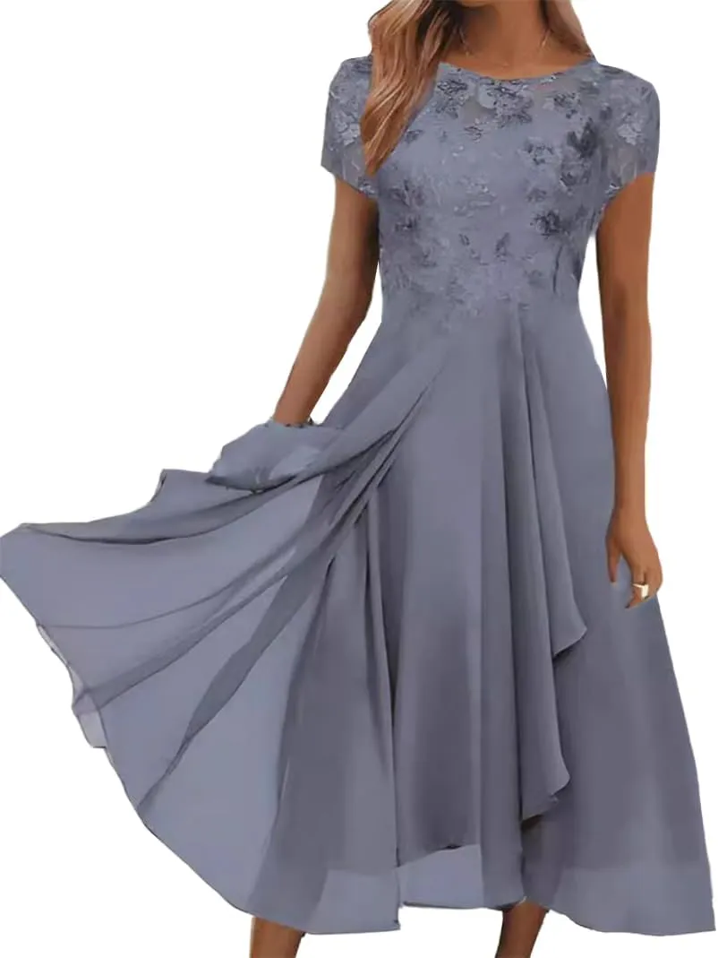 Women's Summer Chiffon Lace Dresses Short Sleeve Flowy Swing Maxi Dress Cocktail Party Wedding Guest Dresses