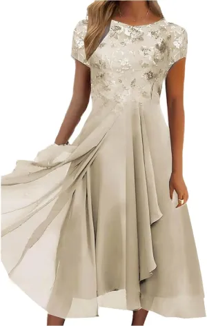 Women's Summer Chiffon Lace Dresses Short Sleeve Flowy Swing Maxi Dress Cocktail Party Wedding Guest Dresses