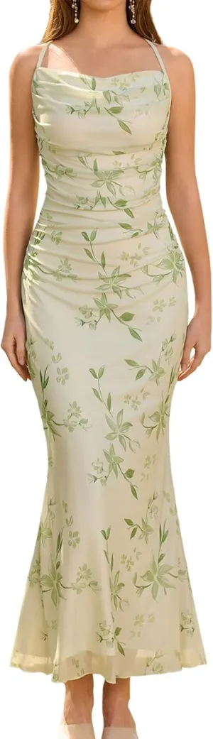 Women's Summer Floral Spaghetti Strap Maxi Dress Sleeveless Ruched Mesh Bodycon Long Wedding Guest Dresses