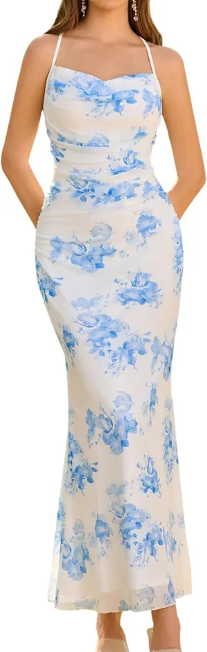 Women's Summer Floral Spaghetti Strap Maxi Dress Sleeveless Ruched Mesh Bodycon Long Wedding Guest Dresses