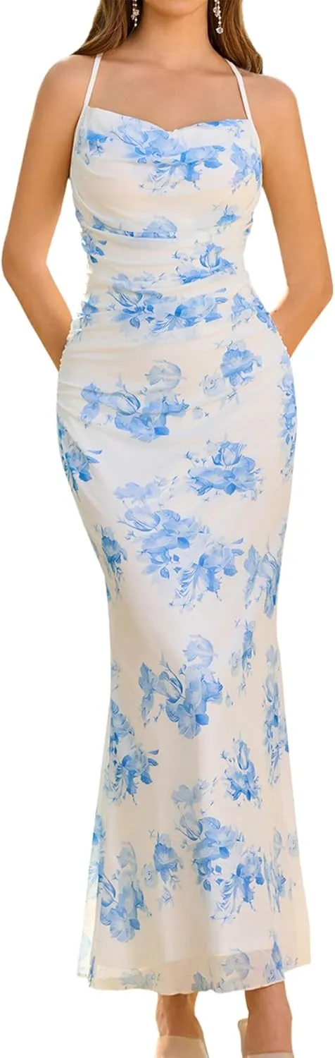 Women's Summer Floral Spaghetti Strap Maxi Dress Sleeveless Ruched Mesh Bodycon Long Wedding Guest Dresses