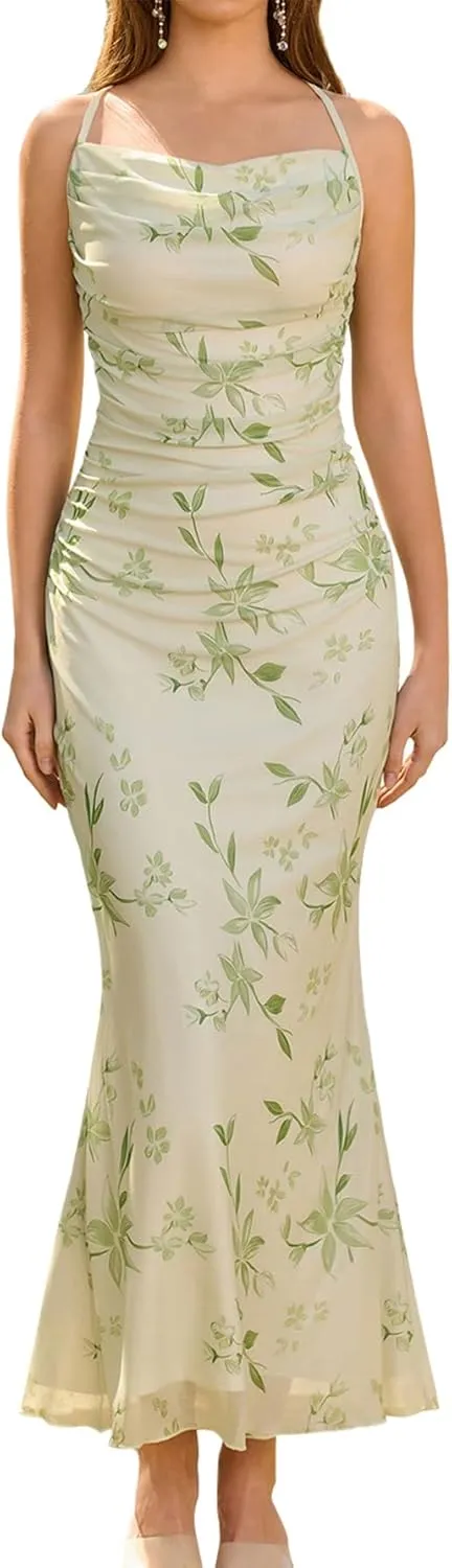 Women's Summer Floral Spaghetti Strap Maxi Dress Sleeveless Ruched Mesh Bodycon Long Wedding Guest Dresses