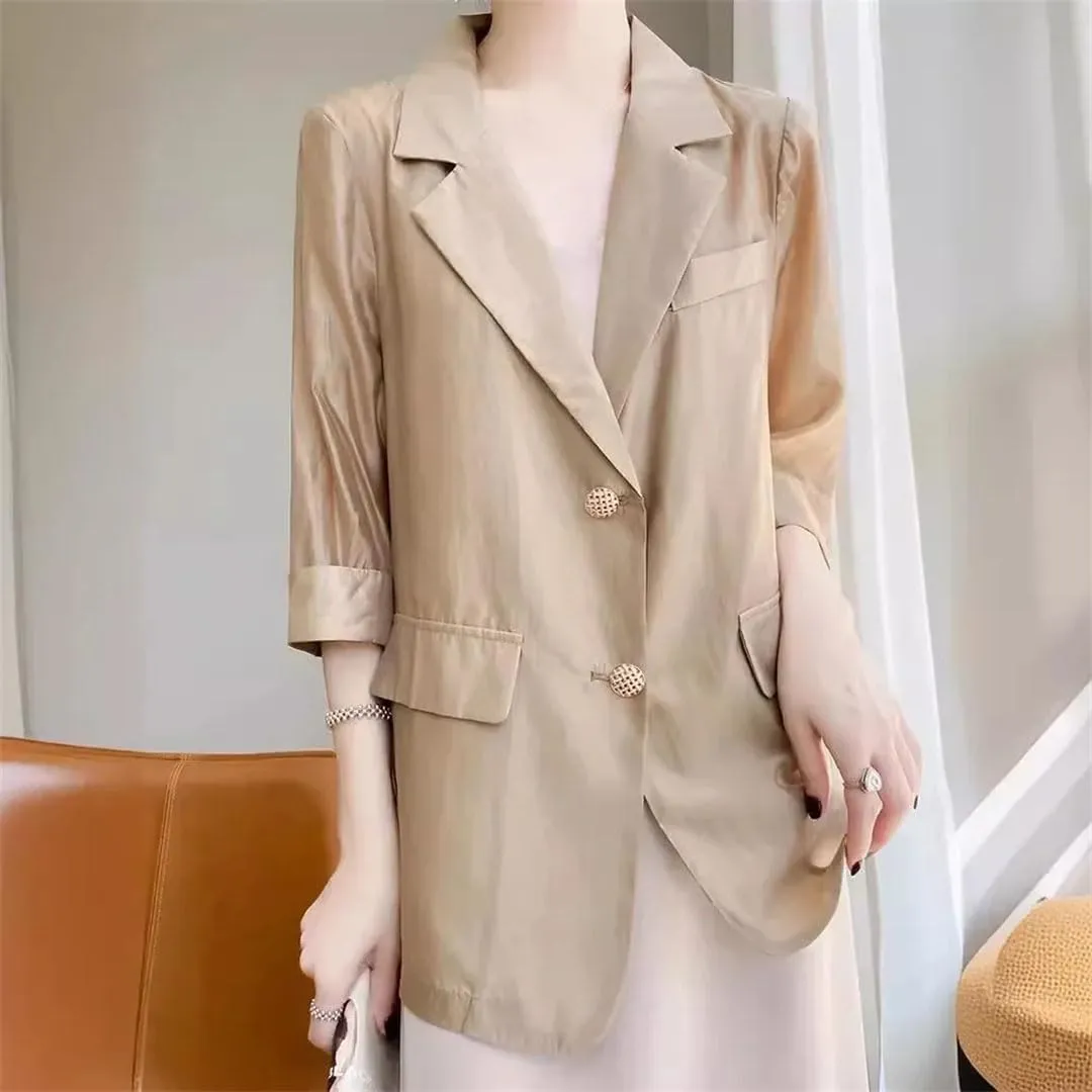 Women's Summer Lightweight Silk Blazer Outerwear Elegant Business Casual Suit Jacket