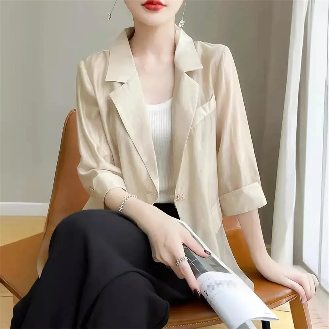 Women's Summer Lightweight Silk Blazer Outerwear Elegant Business Casual Suit Jacket