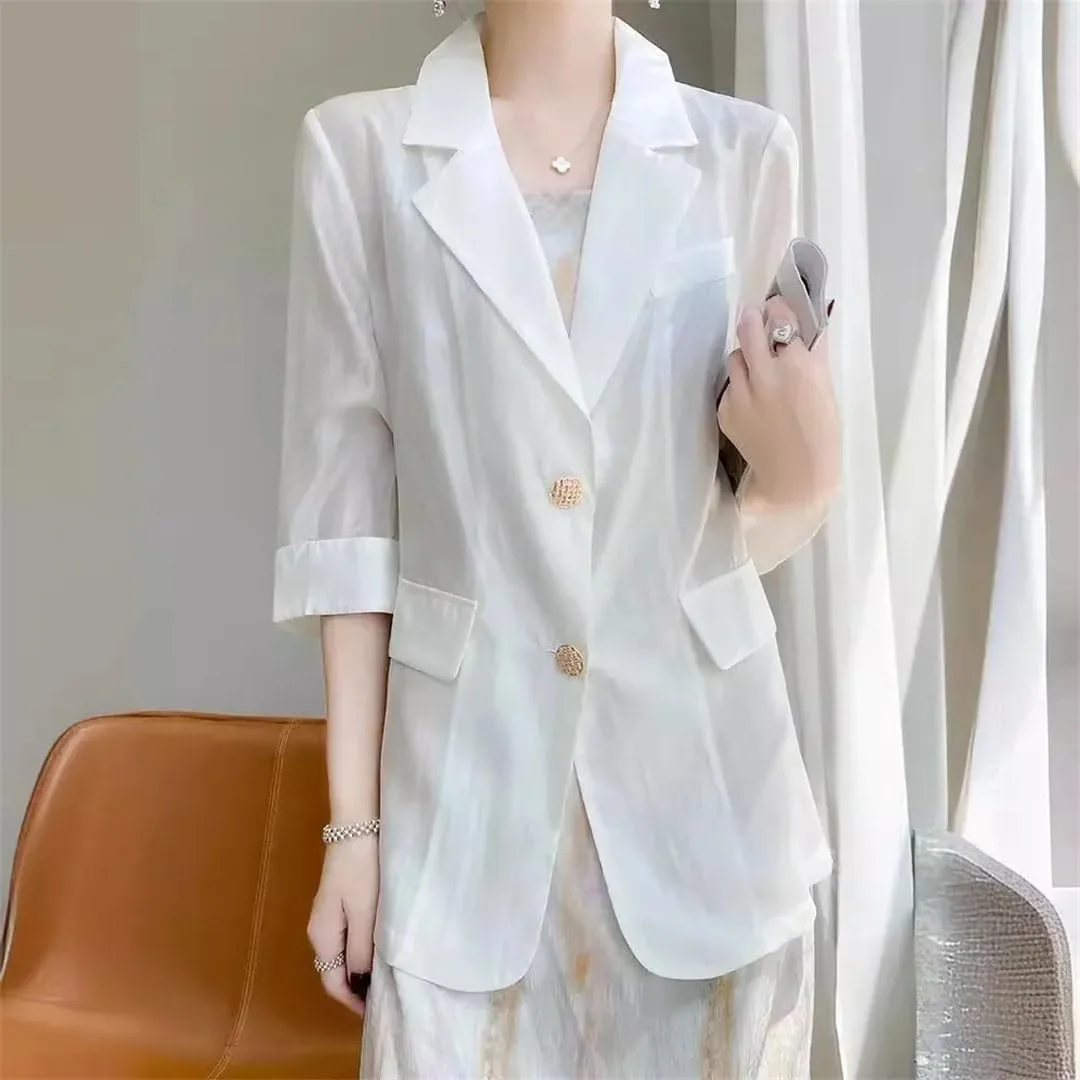 Women's Summer Lightweight Silk Blazer Outerwear Elegant Business Casual Suit Jacket