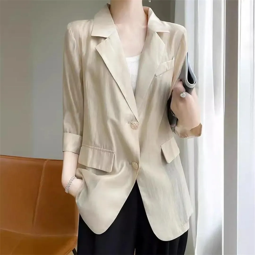 Women's Summer Lightweight Silk Blazer Outerwear Elegant Business Casual Suit Jacket