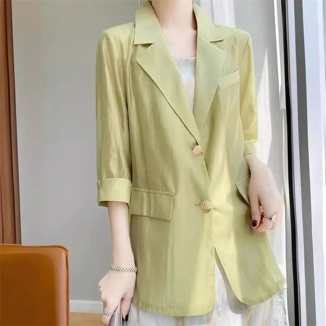 Women's Summer Lightweight Silk Blazer Outerwear Elegant Business Casual Suit Jacket