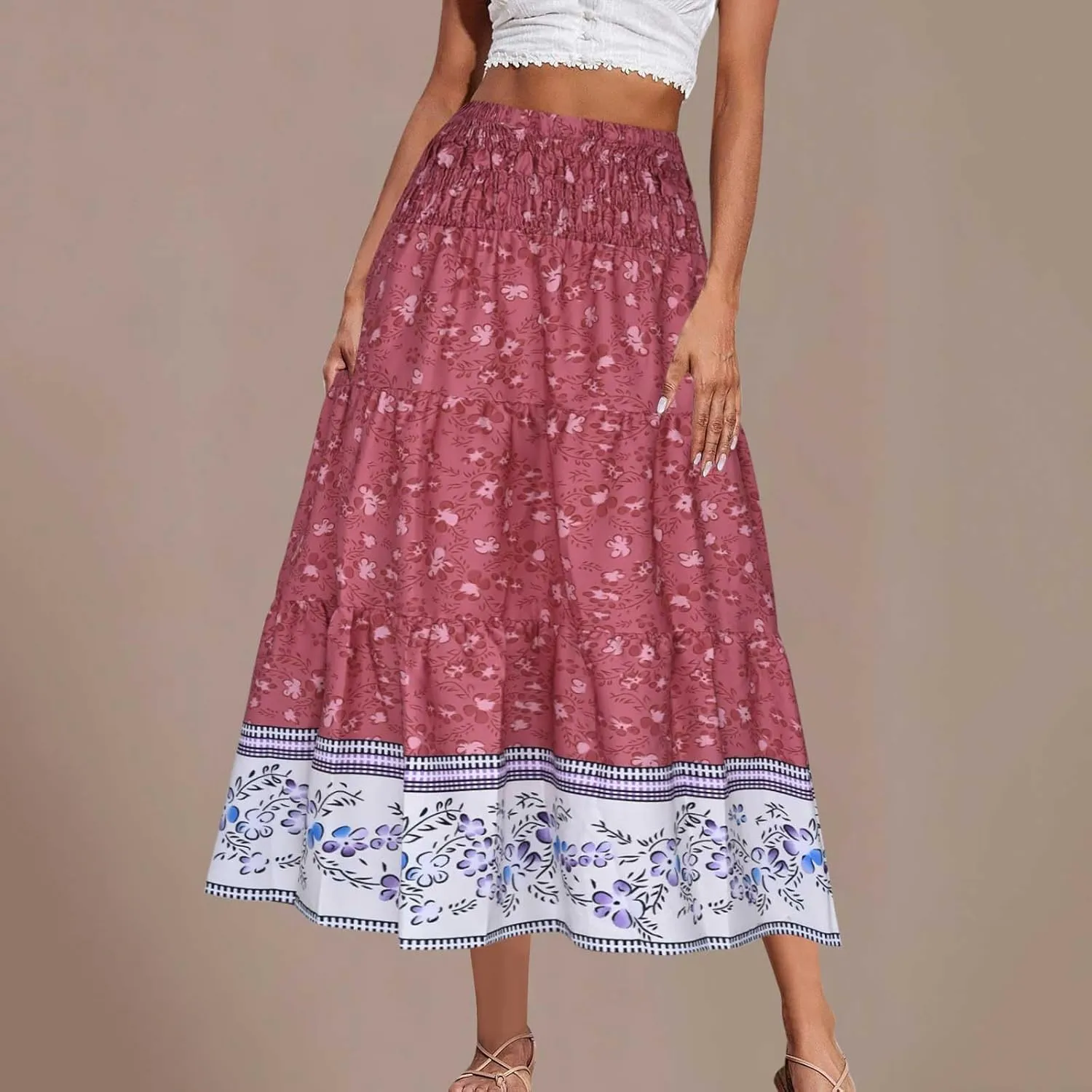 Women's Summer Midi Skirt Boho Floral Tiered Flowy Elastic High Waist A-Line Casual Skirts Beach Vacation Outfits