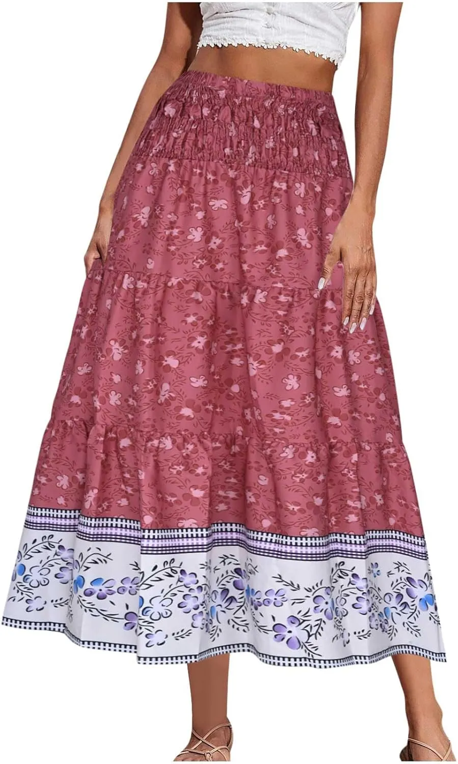Women's Summer Midi Skirt Boho Floral Tiered Flowy Elastic High Waist A-Line Casual Skirts Beach Vacation Outfits