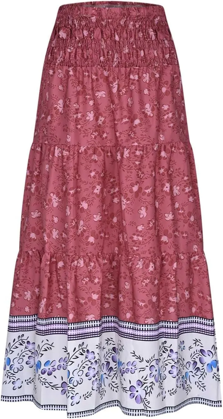 Women's Summer Midi Skirt Boho Floral Tiered Flowy Elastic High Waist A-Line Casual Skirts Beach Vacation Outfits