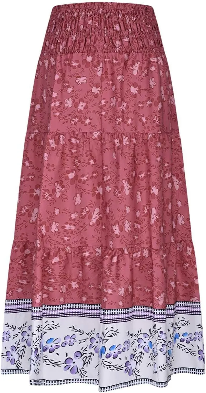 Women's Summer Midi Skirt Boho Floral Tiered Flowy Elastic High Waist A-Line Casual Skirts Beach Vacation Outfits