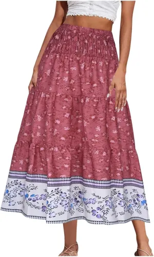 Women's Summer Midi Skirt Boho Floral Tiered Flowy Elastic High Waist A-Line Casual Skirts Beach Vacation Outfits