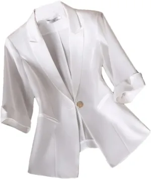 Women's Summer Satin Slim Suit Jacket Slim Fit Three Quarter Sleeve Professional Blazer Coat