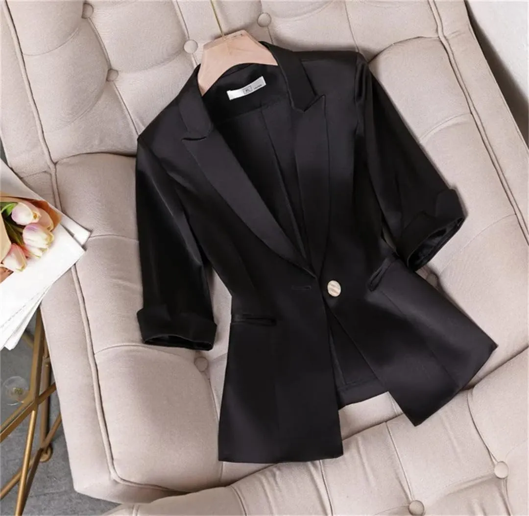 Women's Summer Satin Slim Suit Jacket Slim Fit Three Quarter Sleeve Professional Blazer Coat