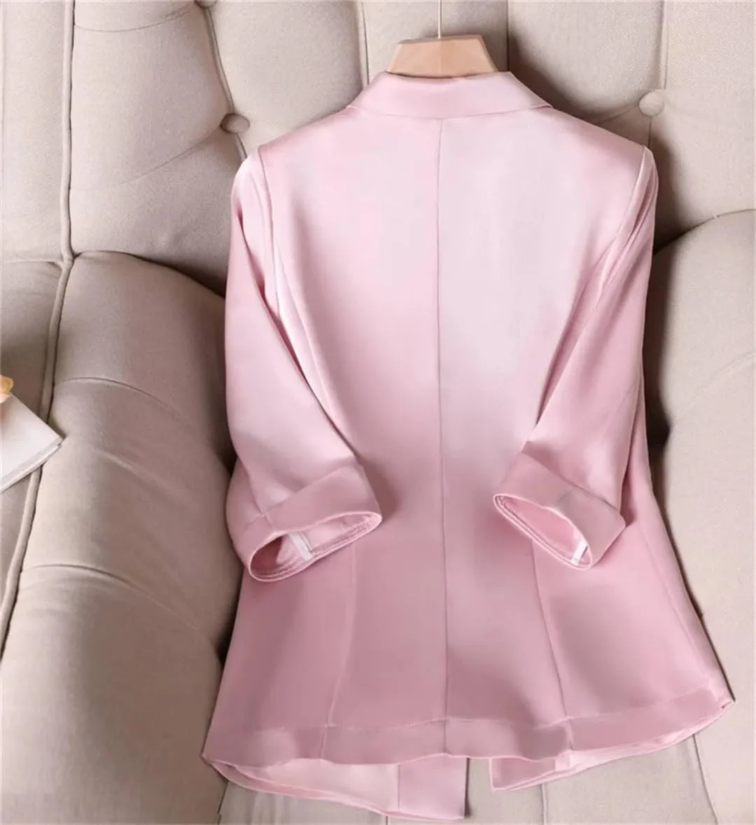 Women's Summer Satin Slim Suit Jacket Slim Fit Three Quarter Sleeve Professional Blazer Coat