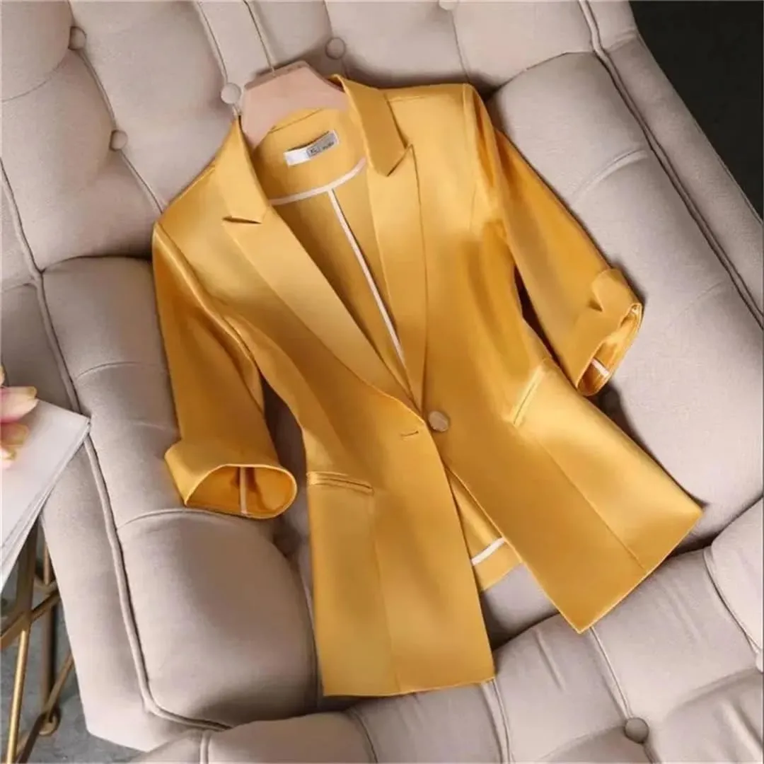 Women's Summer Satin Slim Suit Jacket Slim Fit Three Quarter Sleeve Professional Blazer Coat