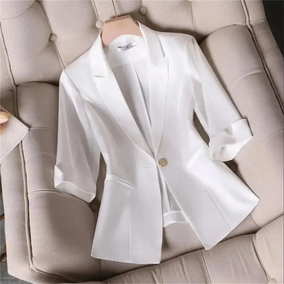 Women's Summer Satin Slim Suit Jacket Slim Fit Three Quarter Sleeve Professional Blazer Coat