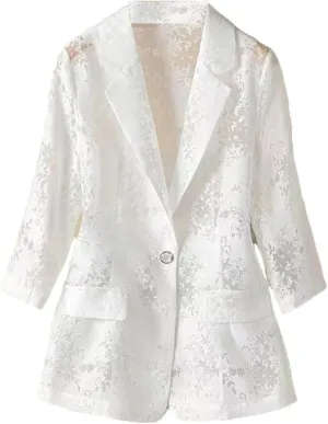 Women's Summer Thin Blazer Hollow Out Sunscreen Jacket Slim Three Quarter Sleeve Suit Coat