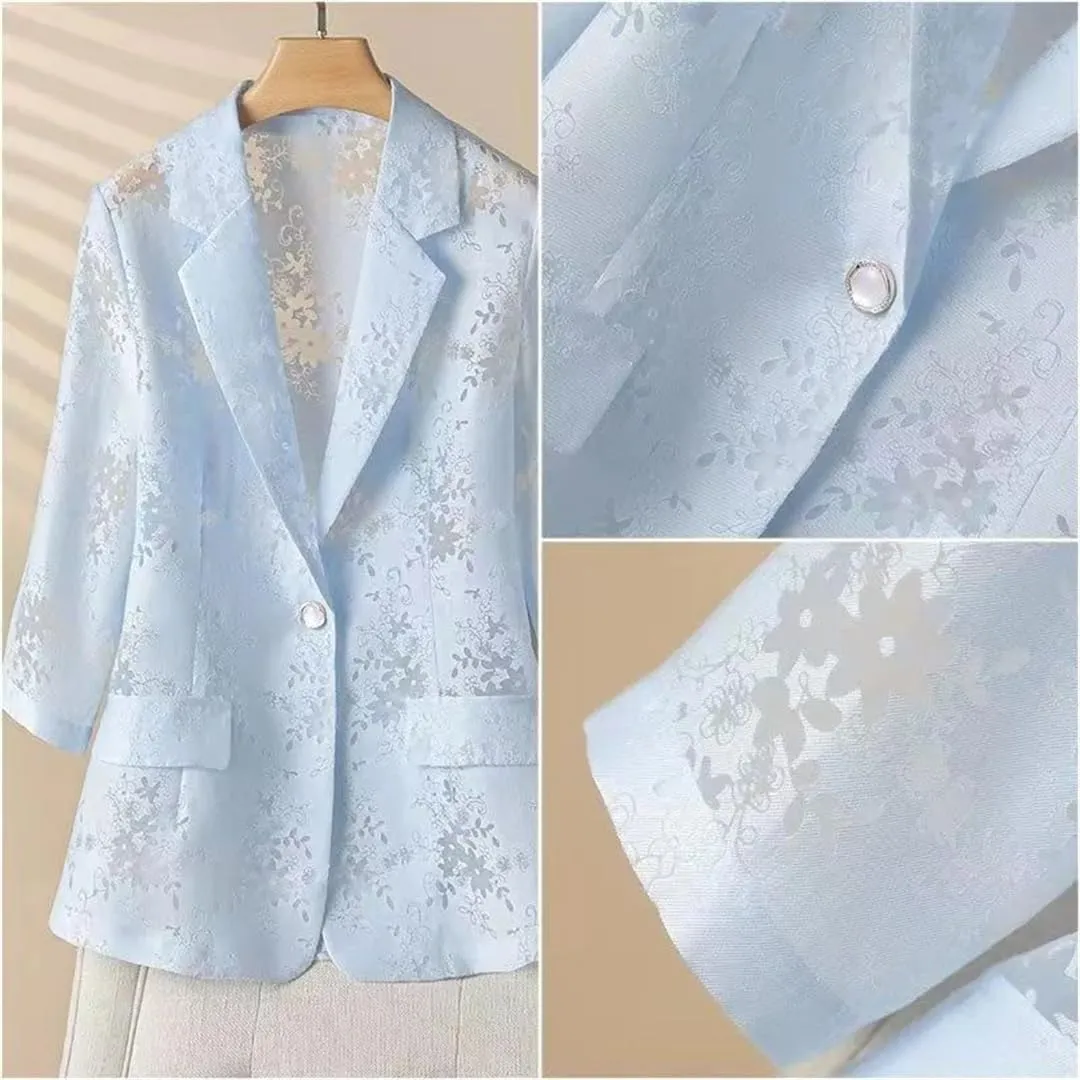 Women's Summer Thin Blazer Hollow Out Sunscreen Jacket Slim Three Quarter Sleeve Suit Coat