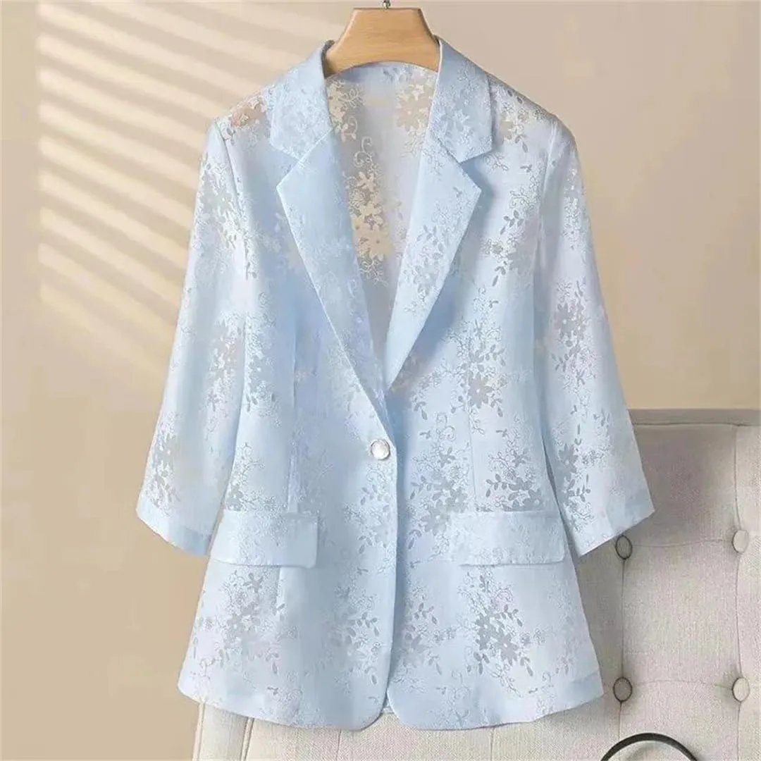 Women's Summer Thin Blazer Hollow Out Sunscreen Jacket Slim Three Quarter Sleeve Suit Coat
