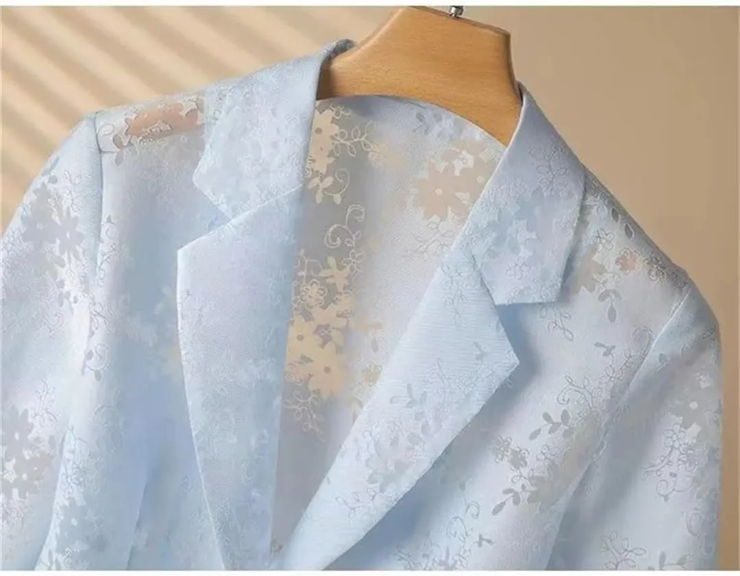 Women's Summer Thin Blazer Hollow Out Sunscreen Jacket Slim Three Quarter Sleeve Suit Coat