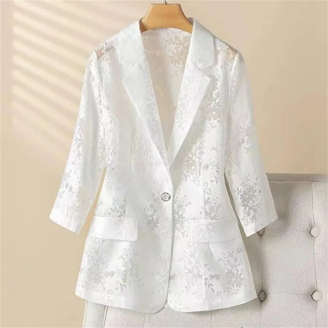 Women's Summer Thin Blazer Hollow Out Sunscreen Jacket Slim Three Quarter Sleeve Suit Coat