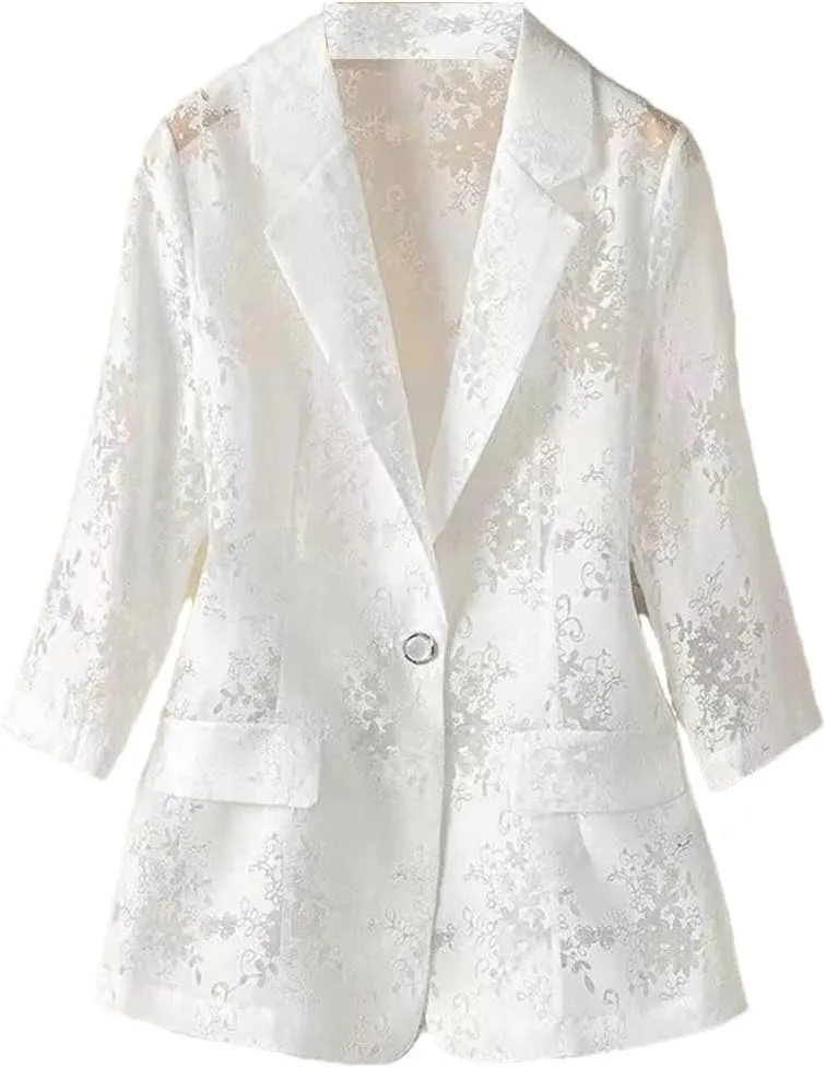 Women's Summer Thin Blazer Hollow Out Sunscreen Jacket Slim Three Quarter Sleeve Suit Coat