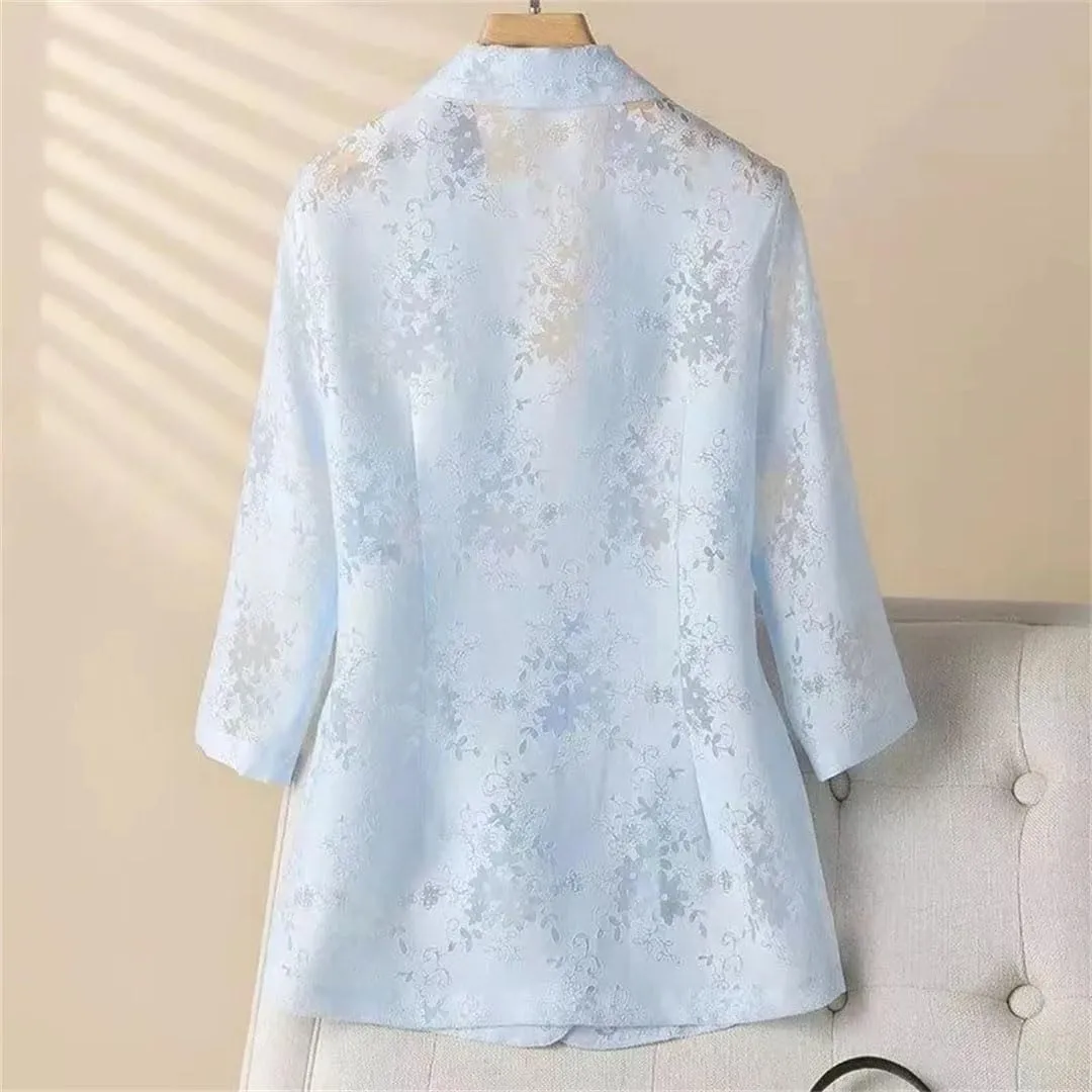 Women's Summer Thin Blazer Hollow Out Sunscreen Jacket Slim Three Quarter Sleeve Suit Coat