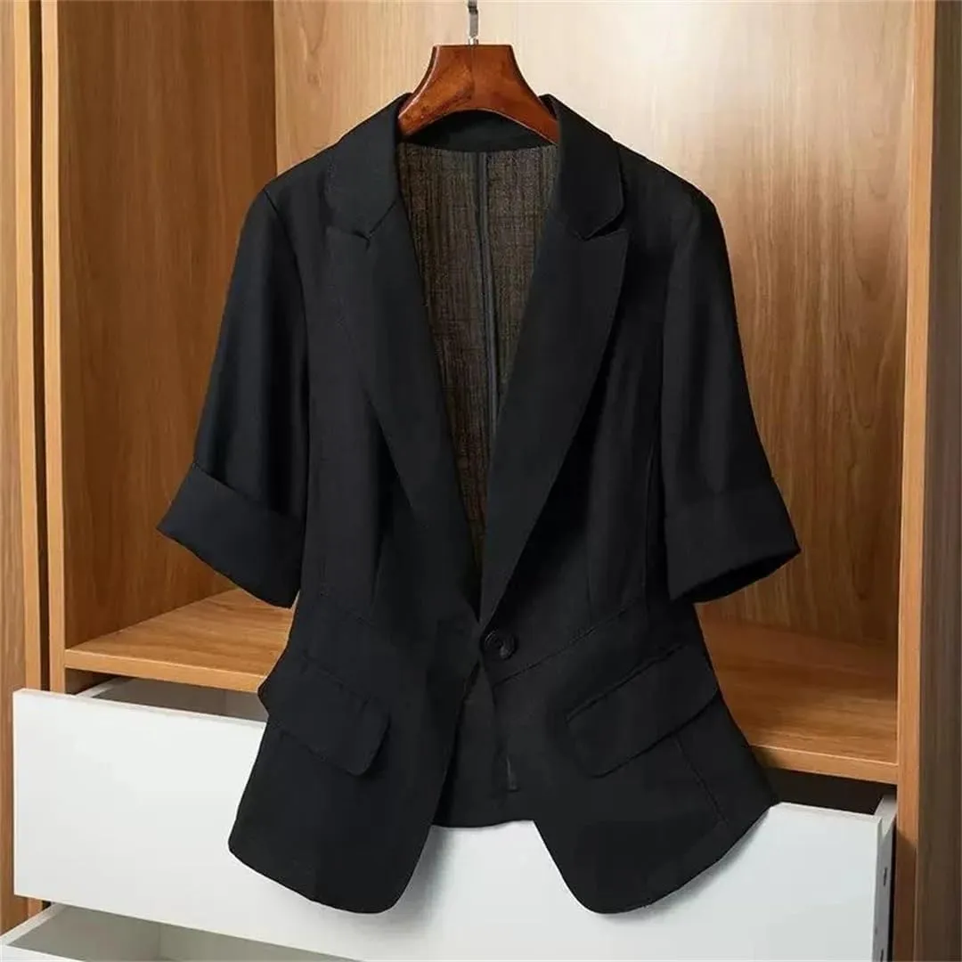 Women's Summer Thin Short Sleeve Small Blazer Jacket Solid Color Suit Coat
