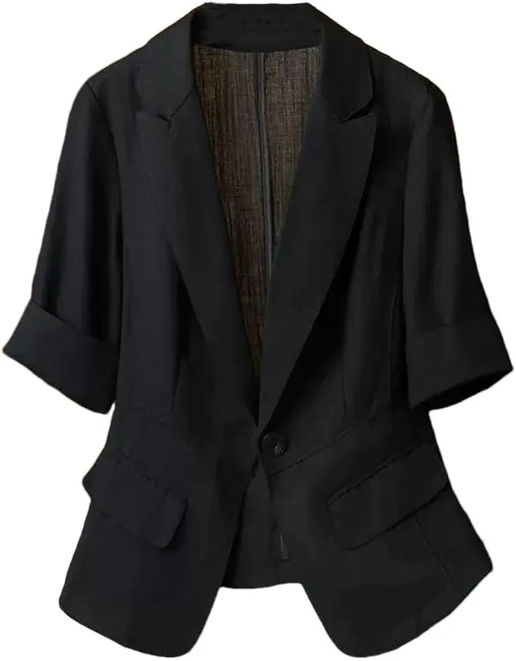 Women's Summer Thin Short Sleeve Small Blazer Jacket Solid Color Suit Coat