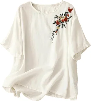 Women's Summer Tops Casual Cotton Linen T Shirts Short Sleeve Crew Neck Shirt Oversized Floral Graphic Tees