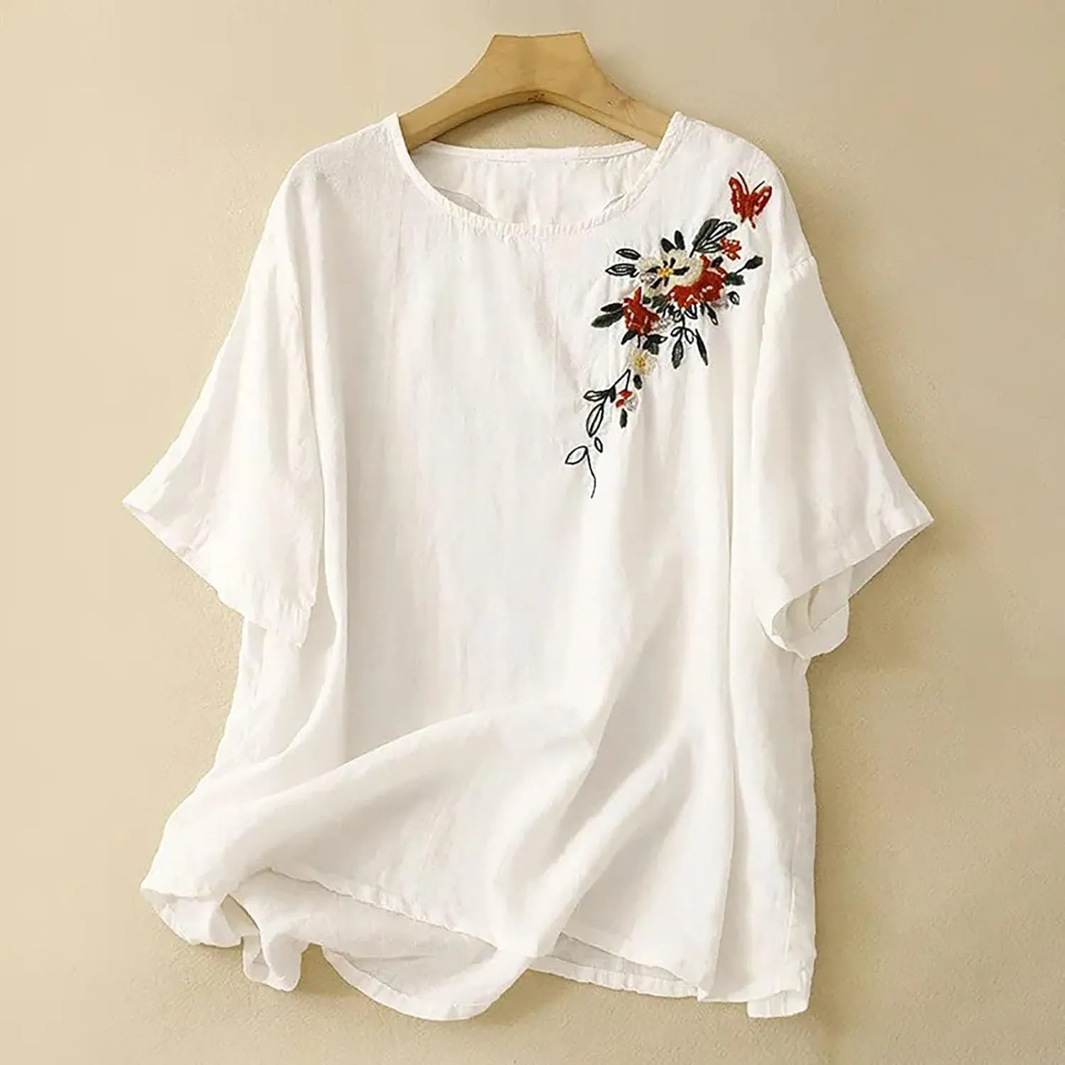 Women's Summer Tops Casual Cotton Linen T Shirts Short Sleeve Crew Neck Shirt Oversized Floral Graphic Tees