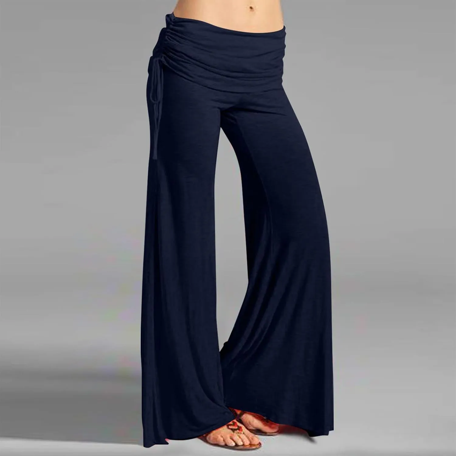 Women's Summer Vintage Print Wide Leg Pants Casual Flared Drawstring Trousers Elastic High Waist Palazzo Pants