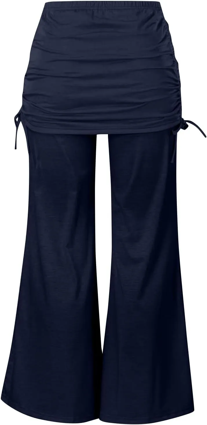 Women's Summer Vintage Print Wide Leg Pants Casual Flared Drawstring Trousers Elastic High Waist Palazzo Pants