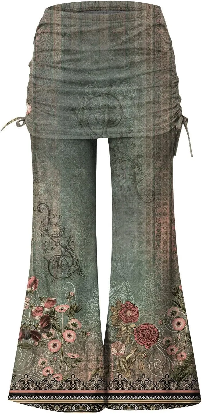 Women's Summer Vintage Print Wide Leg Pants Casual Flared Drawstring Trousers Elastic High Waist Palazzo Pants