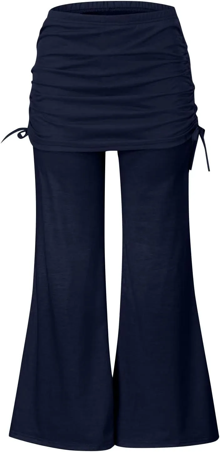Women's Summer Vintage Print Wide Leg Pants Casual Flared Drawstring Trousers Elastic High Waist Palazzo Pants
