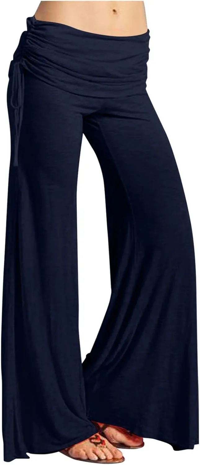 Women's Summer Vintage Print Wide Leg Pants Casual Flared Drawstring Trousers Elastic High Waist Palazzo Pants