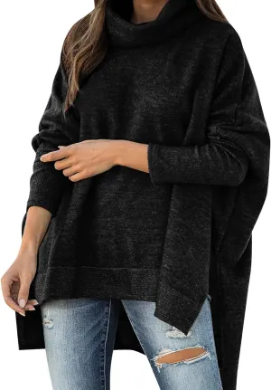 Womens Sweaters Turtleneck Fall Winter Knitted Casual Oversized Long Sleeve Trendy Side Split Retro Pullover Top 2024